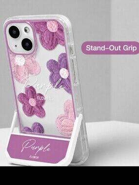 Iphone 13, 14, 15 Pro/Pro Max Purple Flower Phone Case With Stand Out Grip